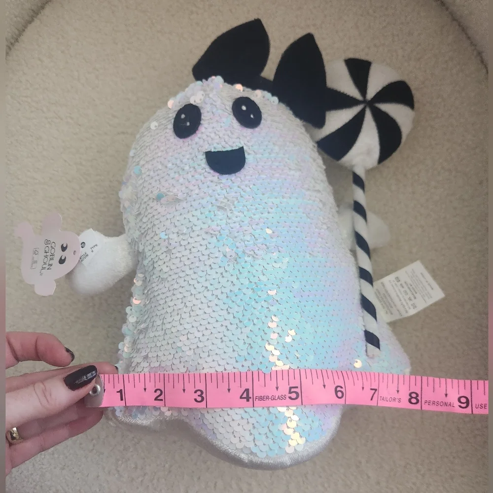Goblin & Ghoul Sequin Ghost Pillow with Bow and Lollipop Weighted Bottom